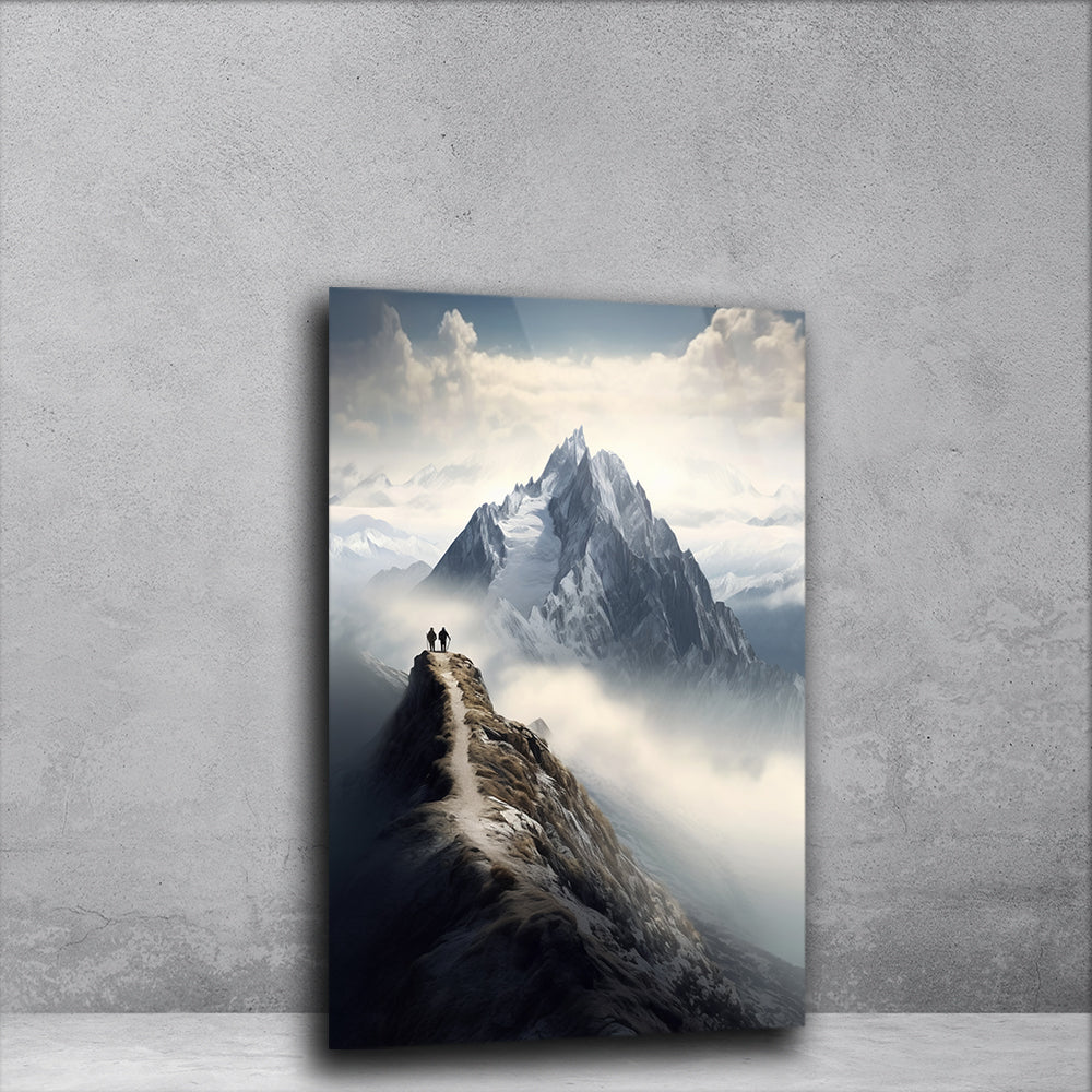 Ascent to Serenity: Man Walking Towards Mountain Top on Glass