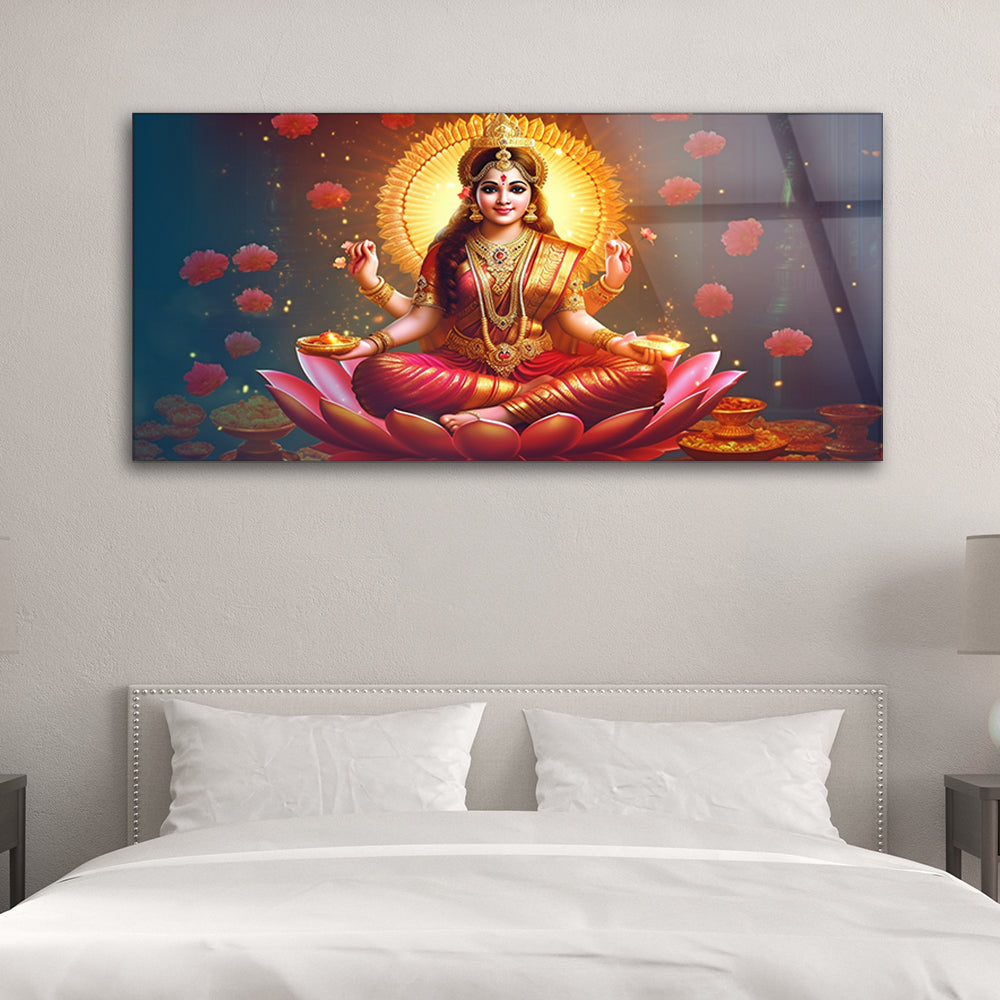 Lotus Goddess: Tempered Glass Hindu Goddess Laxmi on Blossoming Petals