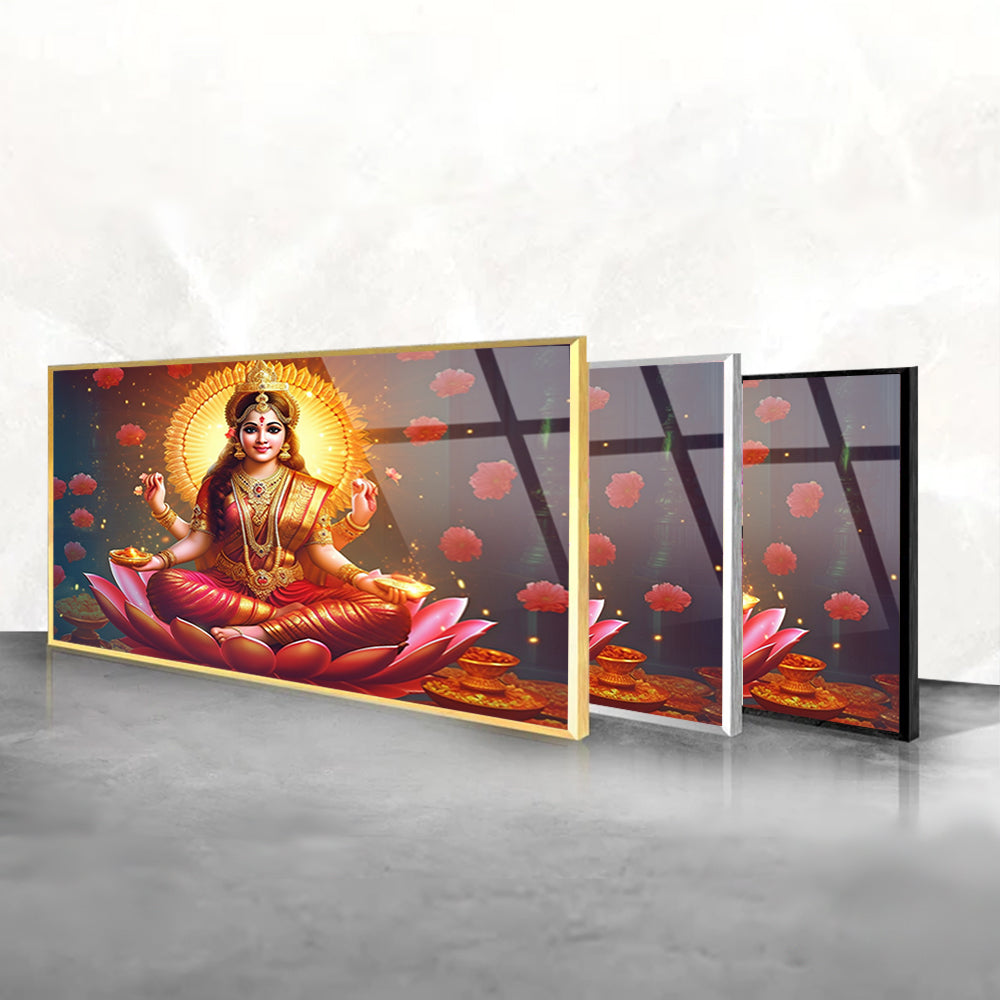 Lotus Goddess: Tempered Glass Hindu Goddess Laxmi on Blossoming Petals