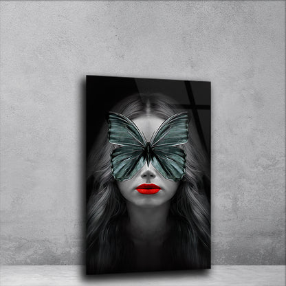 Butterfly Bliss: Beautiful Girl with Butterfly Eyes on Glass Art