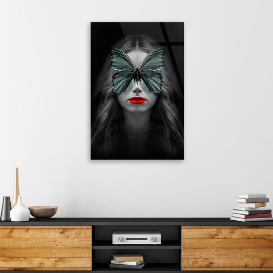 Butterfly Bliss: Beautiful Girl with Butterfly Eyes on Glass Art