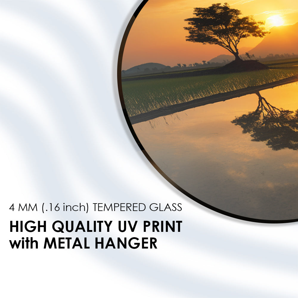 Golden Rice Fields Sunset Tempered Glass Piece