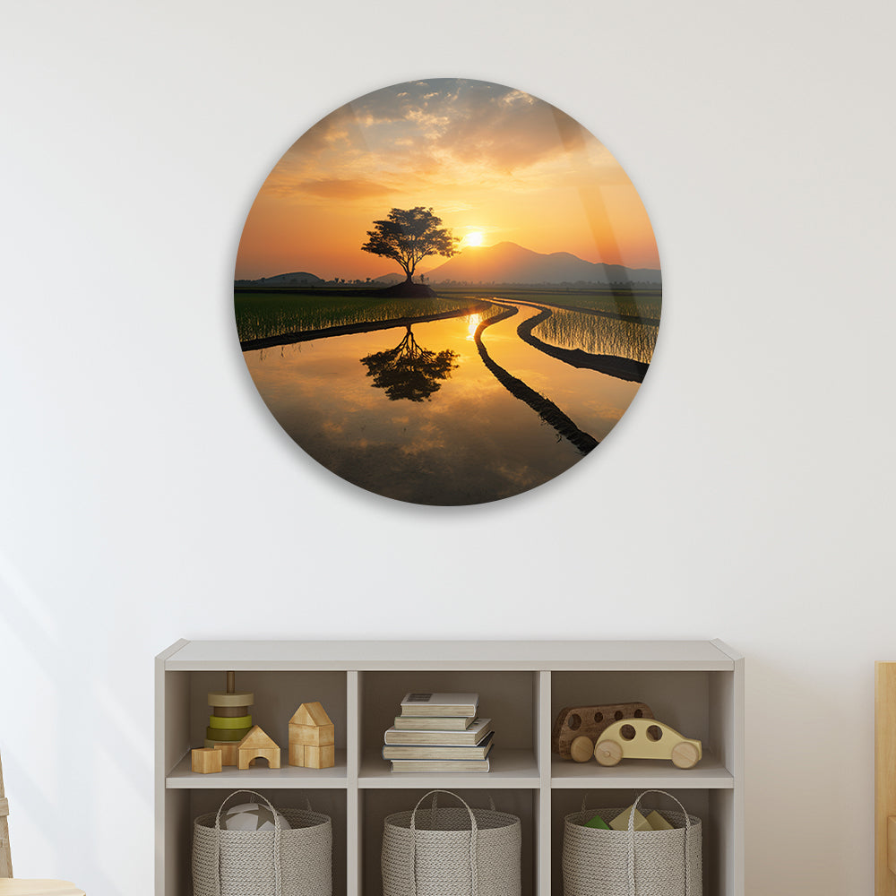 Golden Rice Fields Sunset Tempered Glass Piece