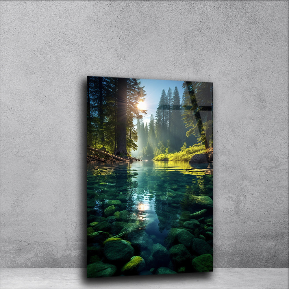 Riverside Serenity: Nature Landscape with River on Glass Wall Art