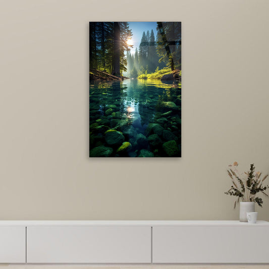 Riverside Serenity: Nature Landscape with River on Glass Wall Art
