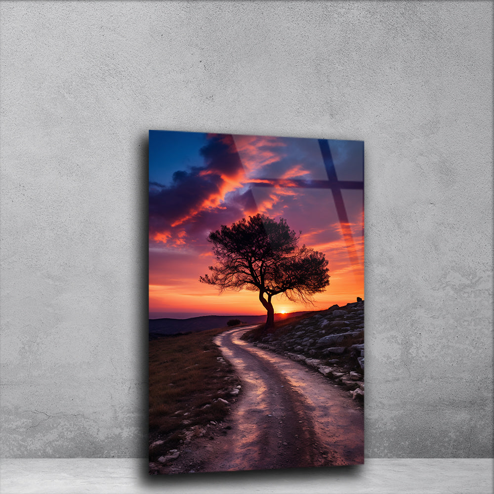 Sunset Silhouette: Beautiful Sunset over a Tree on Glass