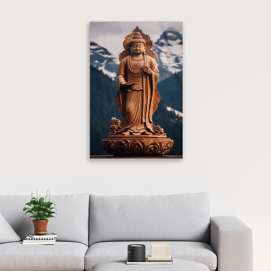 Enlightened Nature: Buddha Statue in the Lap of Nature on Glass