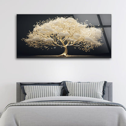 Golden Tree Aerial: Abstract Foliage in Tempered Glass