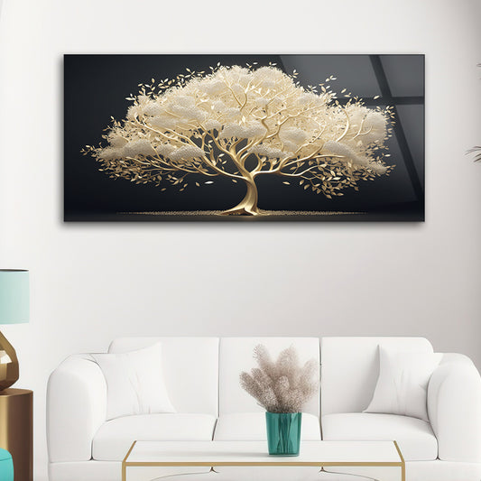 Golden Tree Aerial: Abstract Foliage in Tempered Glass