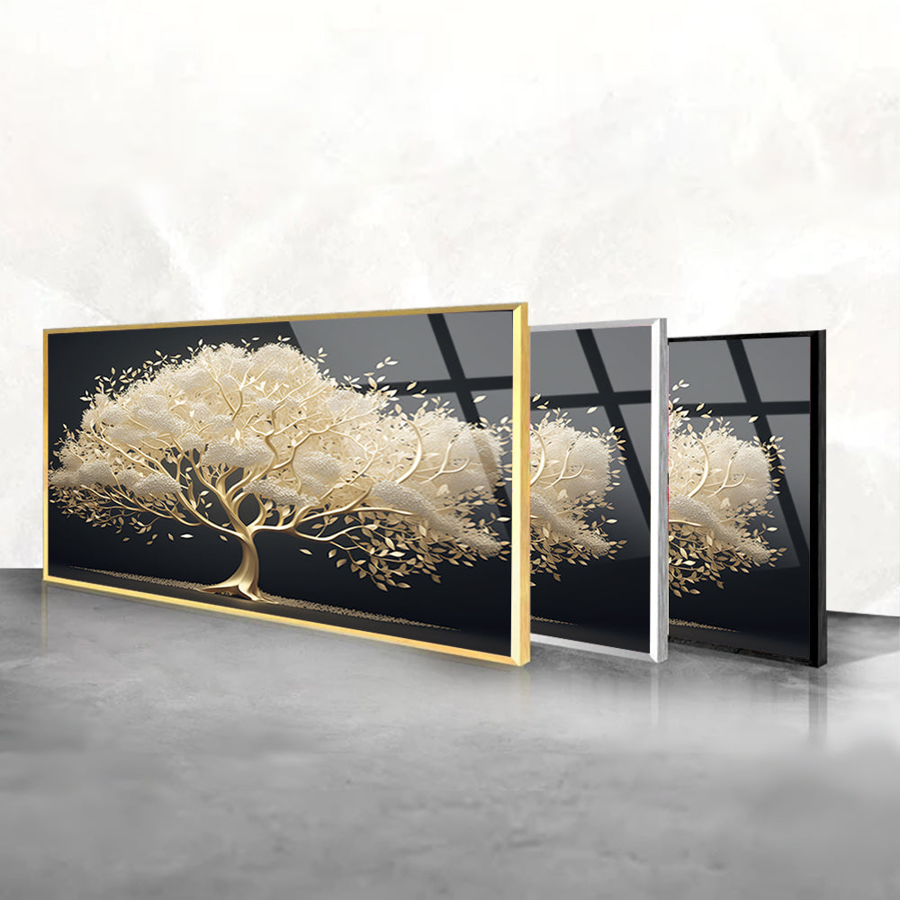 Golden Tree Aerial: Abstract Foliage in Tempered Glass