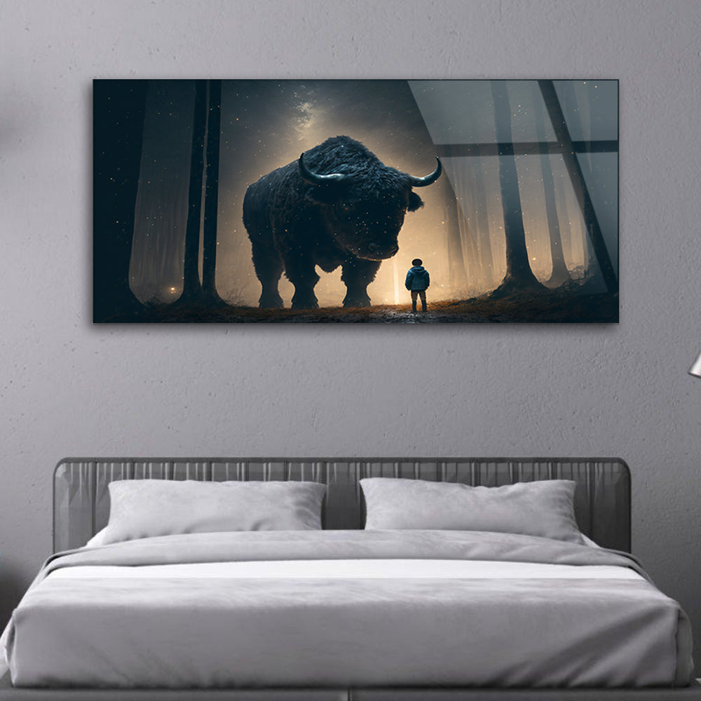 Children's Fantasy Tale with Bison on Tempered Glass: Artistic Decor