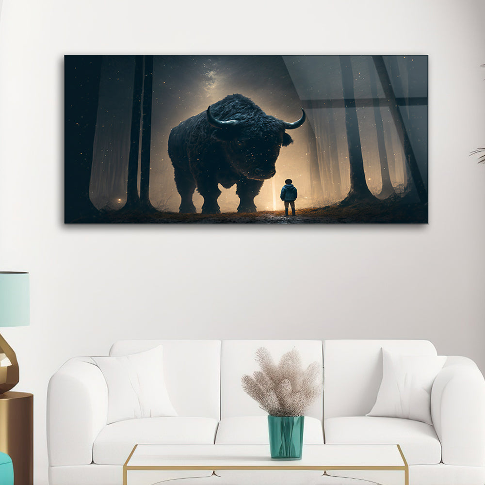 Children's Fantasy Tale with Bison on Tempered Glass: Artistic Decor