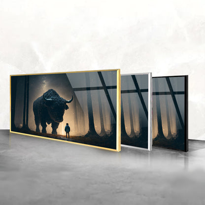 Children's Fantasy Tale with Bison on Tempered Glass: Artistic Decor