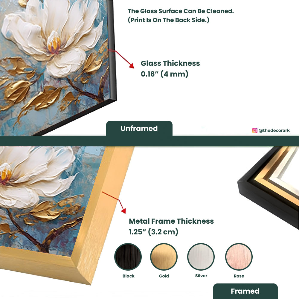 Gilded Botanical Elegance: Tempered Glass Abstract Floral Art