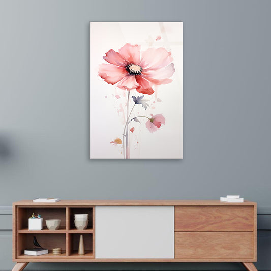 Blushing Petals: Watercolor Painting of a Pink Flower on Tempered Glass