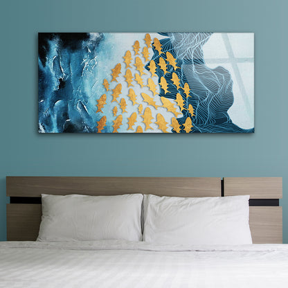 Golden Aquatic Serenity: Tempered Glass Abstract Fish Artwork