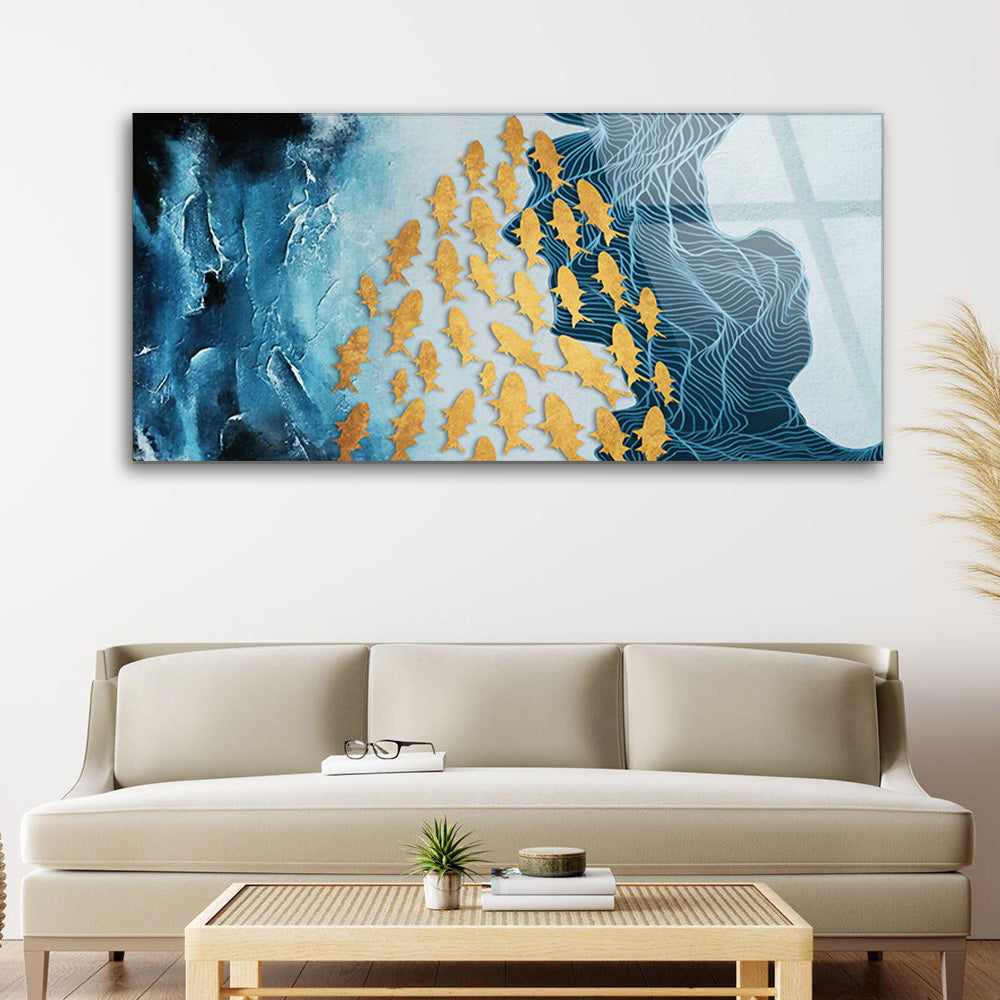 Golden Aquatic Serenity: Tempered Glass Abstract Fish Artwork