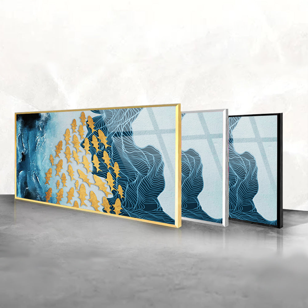 Golden Aquatic Serenity: Tempered Glass Abstract Fish Artwork