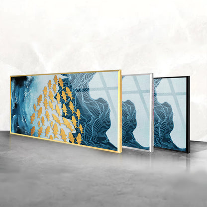 Golden Aquatic Serenity: Tempered Glass Abstract Fish Artwork