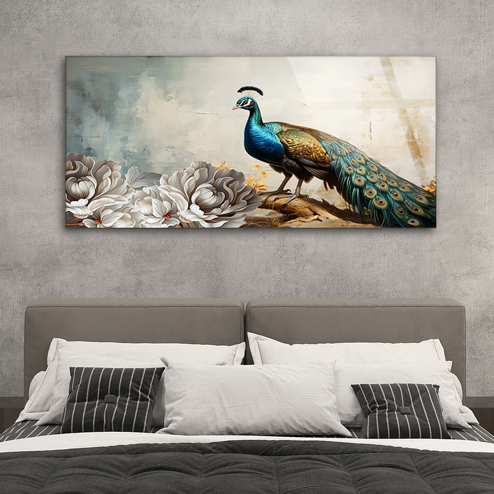 Peacock Majesty: Tempered Glass Abstract Bird Painting