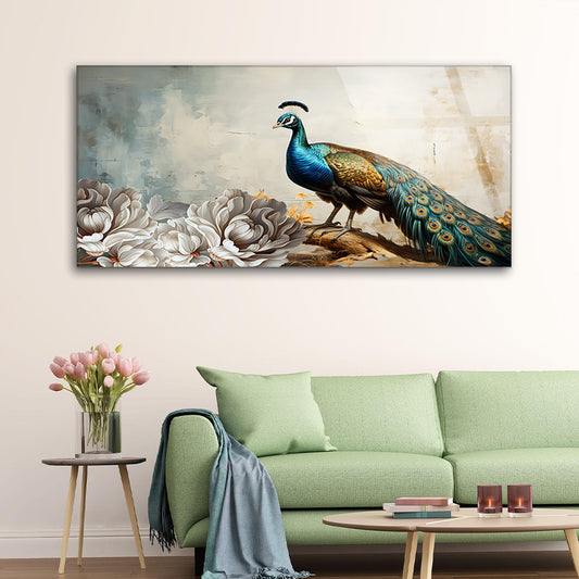 Peacock Majesty: Tempered Glass Abstract Bird Painting