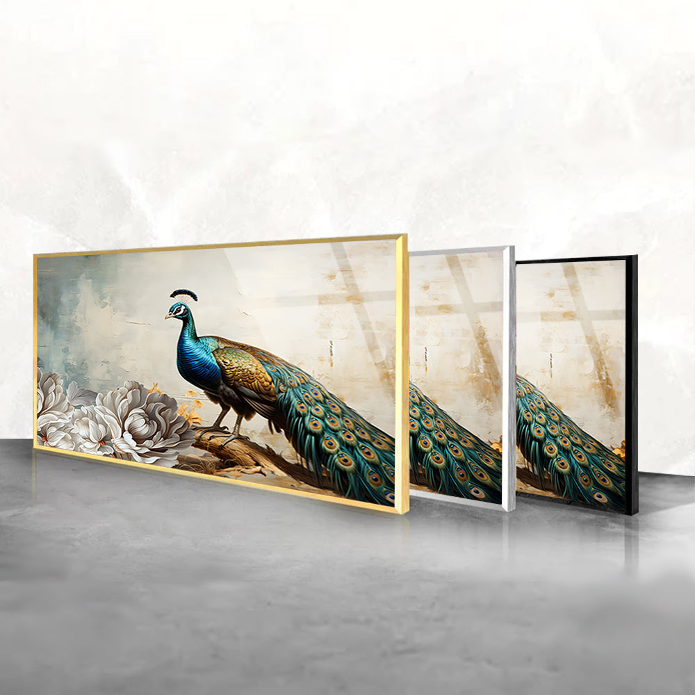 Peacock Majesty: Tempered Glass Abstract Bird Painting