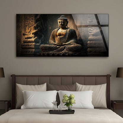 Riverbank Enlightenment: Tempered Glass Abstract Buddha Artistry