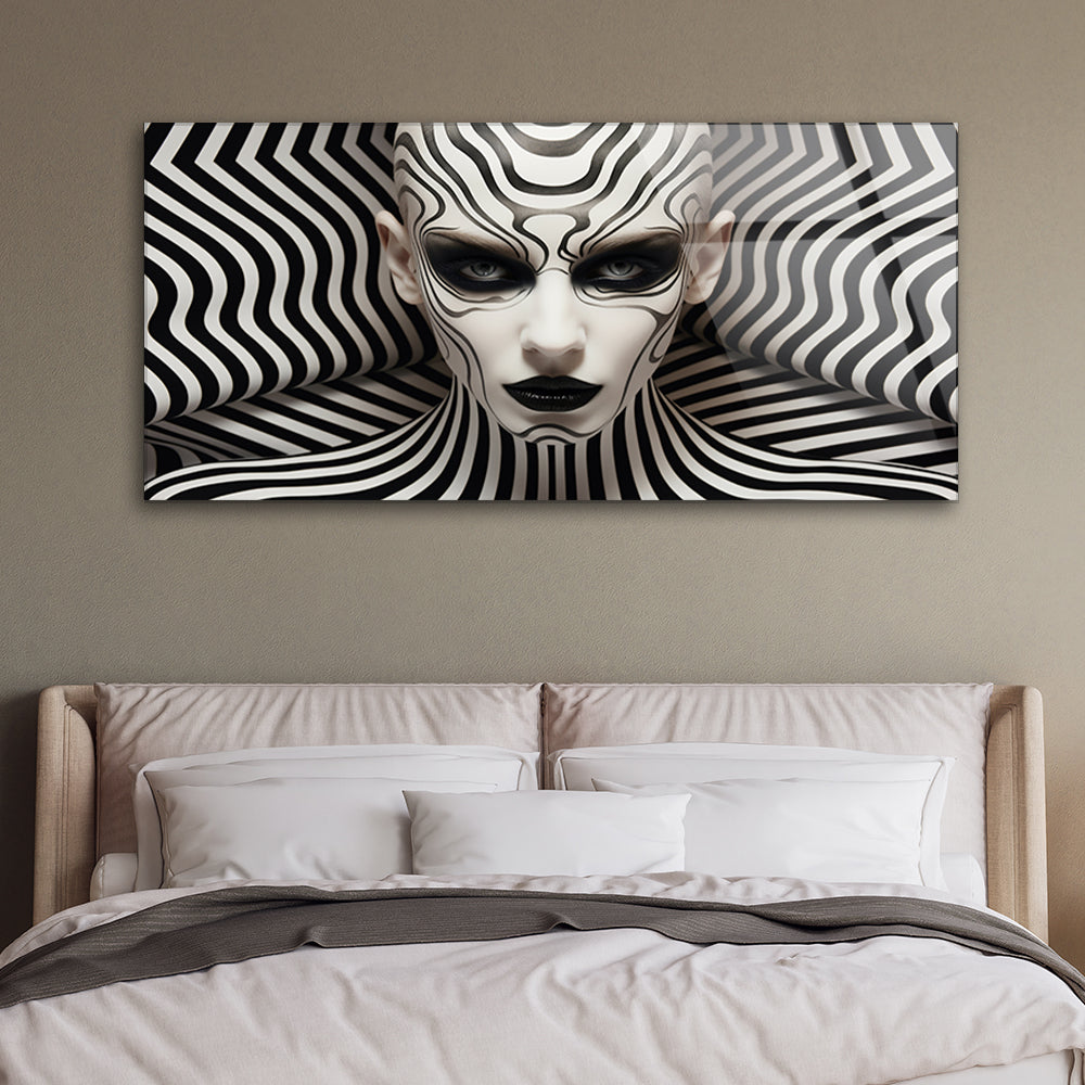 Monochrome Stripes: Tempered Glass Woman Art