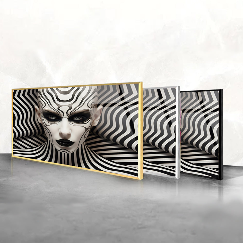 Monochrome Stripes: Tempered Glass Woman Art