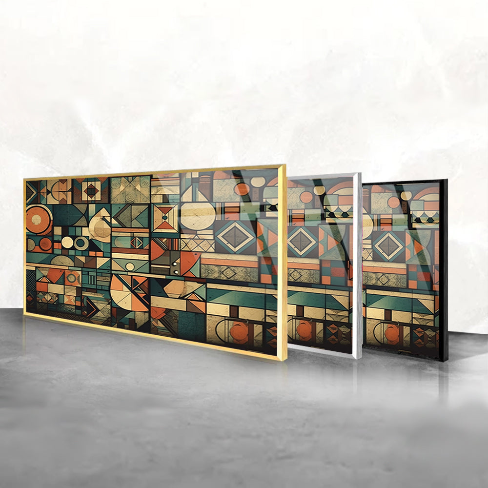 Retro Geometric Reverie: Tempered Glass Artwork