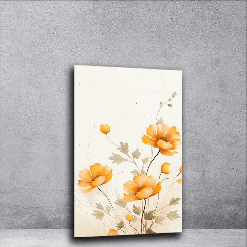 Golden Elegance: Golden Yellow Flowers Painting on Tempered Glass