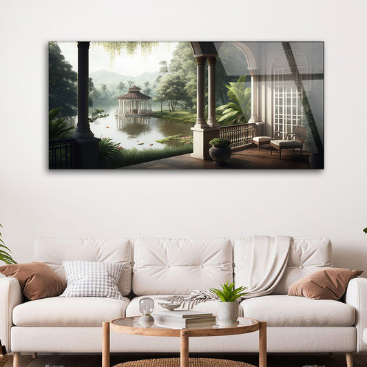 Terrace Tranquility: Tempered Glass Pond Design Art