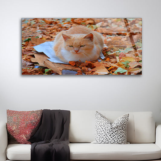 Ginger Cat Among Autumn Leaves: Glass Art