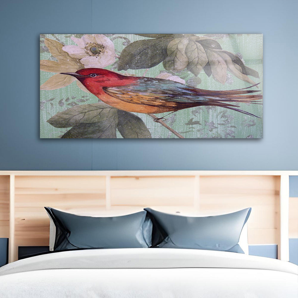 A painting of a closeup of a beautiful bird on a branch
