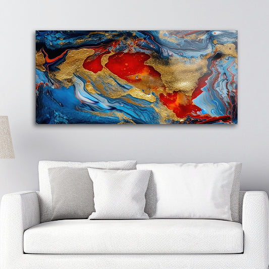 A colorful painting with gold and red paint