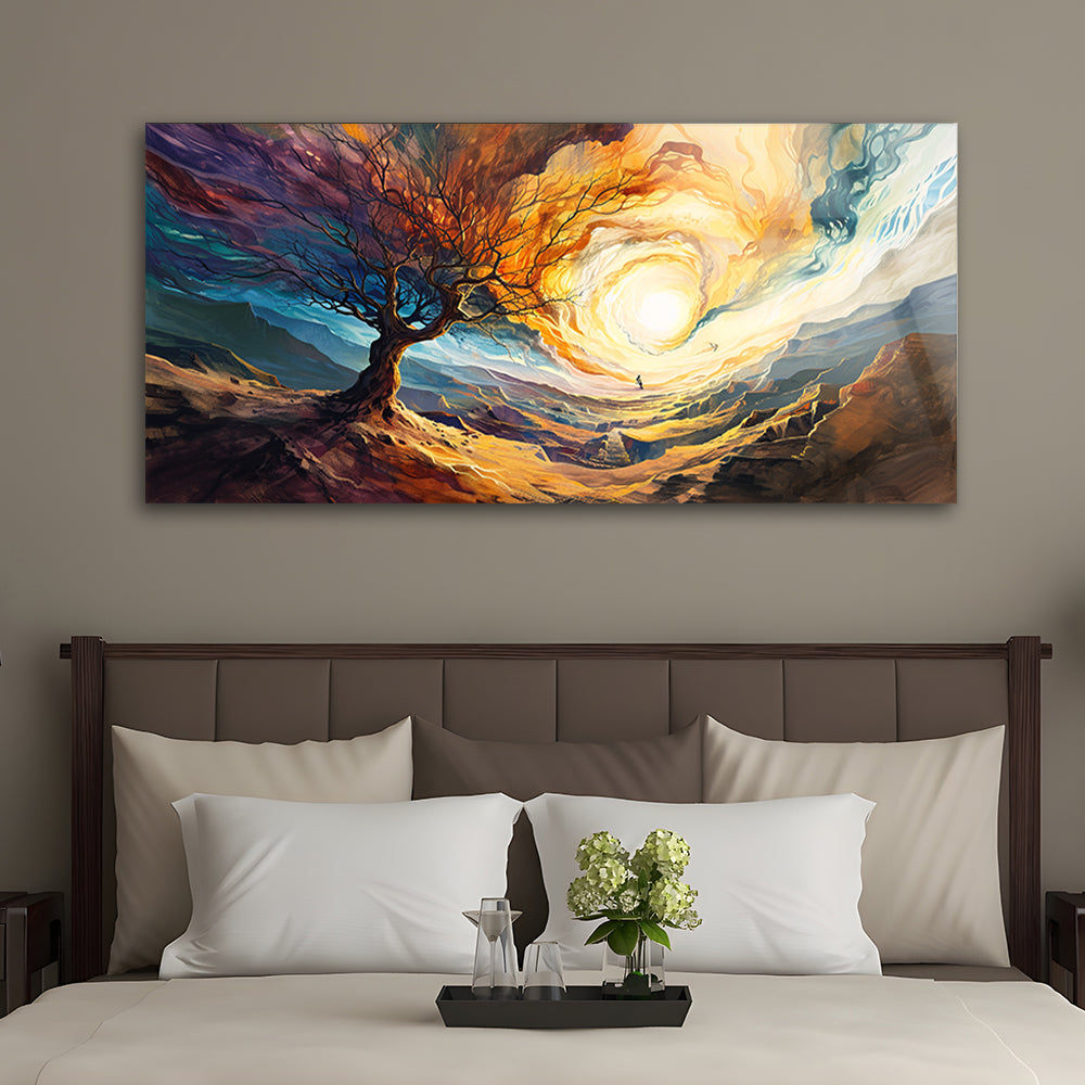 A colorful oil painting of a tree with the sun shining nature art