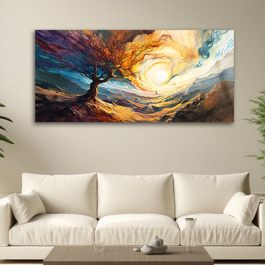 A colorful oil painting of a tree with the sun shining nature art