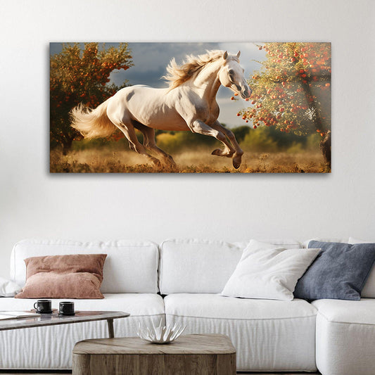 Portrait of a horse galloping freely in an open field