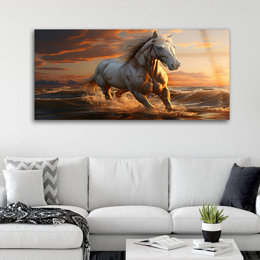 Portrait of a realistic beautiful horse running on the beach at sunset