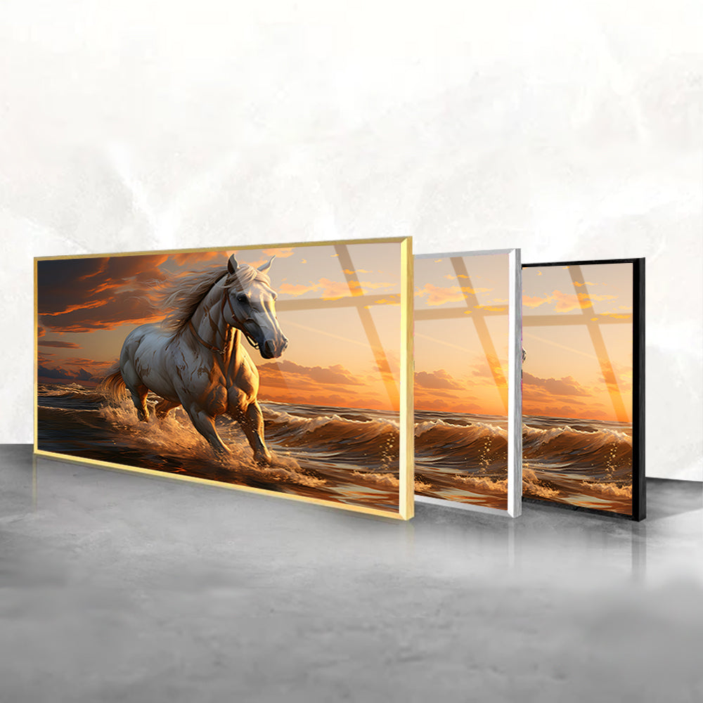 Portrait of a realistic beautiful horse running on the beach at sunset