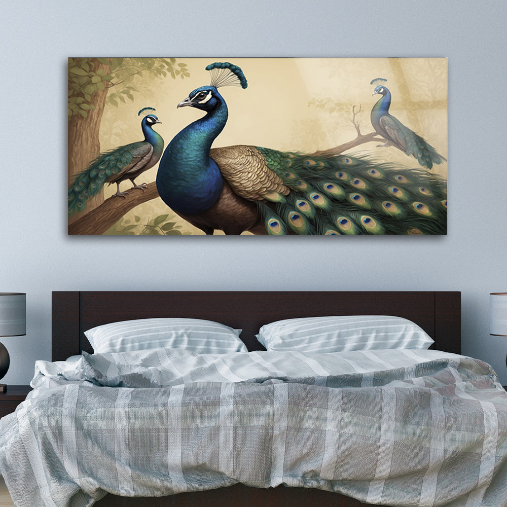 Perched Peacocks: Tempered Glass Bird Art