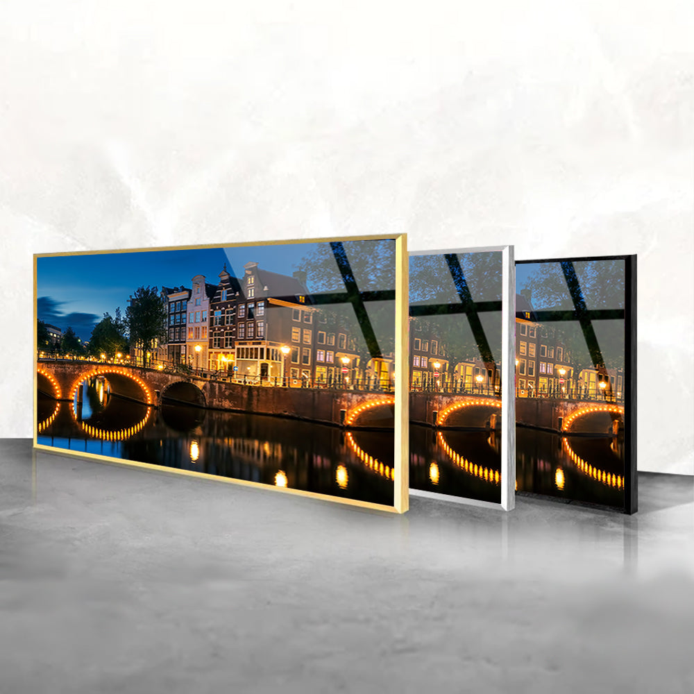 Canal Serenity: Tempered Glass Amsterdam Bridges Art