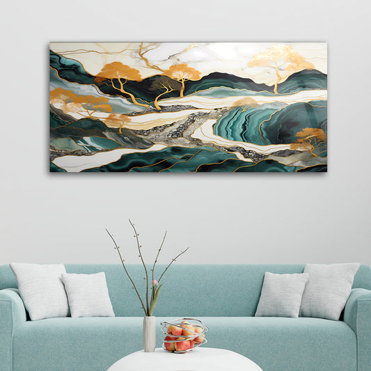 Malachite Mountains: Tempered Glass Abstract Marble Art