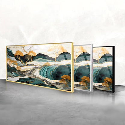 Malachite Mountains: Tempered Glass Abstract Marble Art