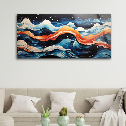 Night Sky Sea Waves: Tempered Glass Abstract Art