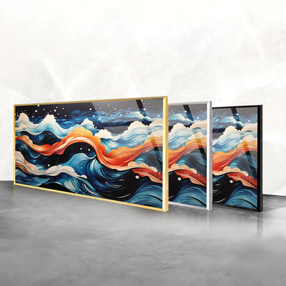 Night Sky Sea Waves: Tempered Glass Abstract Art