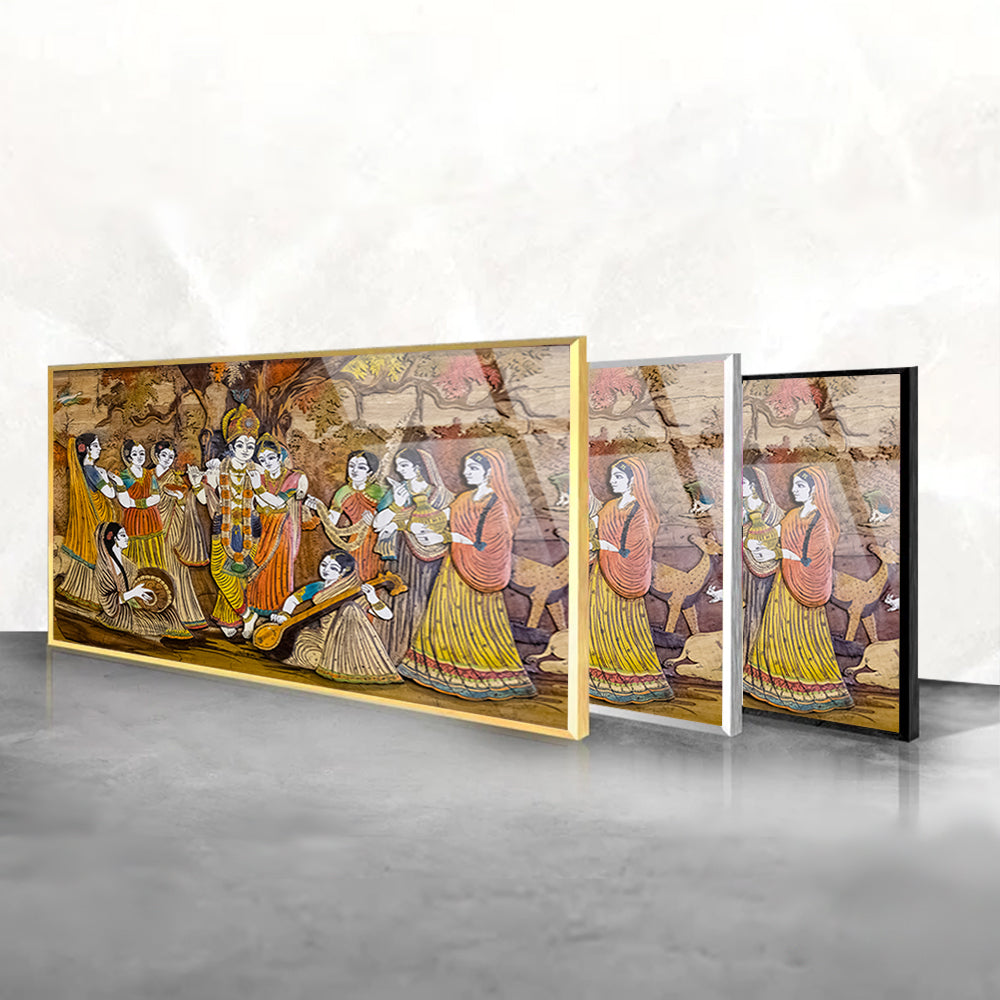 Lord Krishna and Radha with Gopis: Tempered Glass Artistic Painting