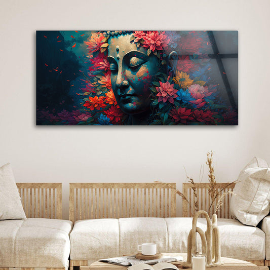 Buddha with Flowers Portrait: Tempered Glass Artistic Painting