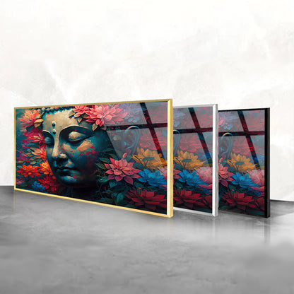 Buddha with Flowers Portrait: Tempered Glass Artistic Painting