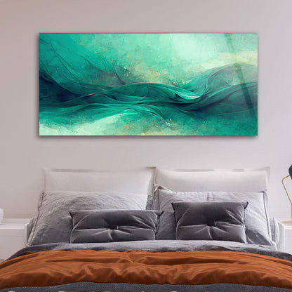 Teal and Green Wave: Tempered Glass Abstract Art